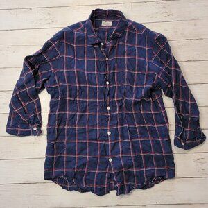 Mens Pure Linen Urban Research Shirt Large Blue Plaid Grid Button Up